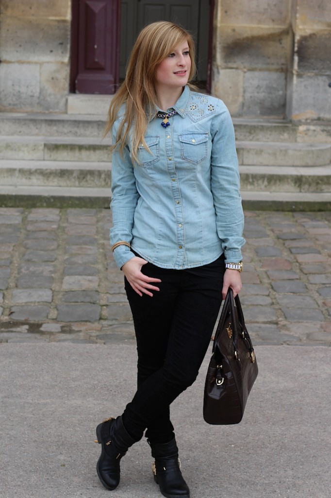 Jeans Bluse skinny Jeans Biker Boots streetstyle Paris OOTD Blog kombinieren