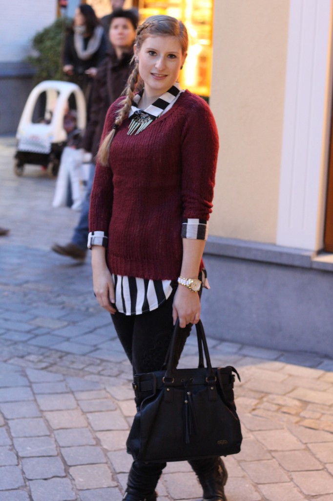 striped blouse and red pullover