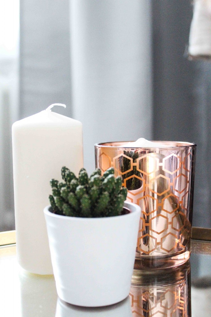 Wohntrend Kupfer Bronze Interior Shopping Dekoration Kupfer weiße Kerze Kaktus