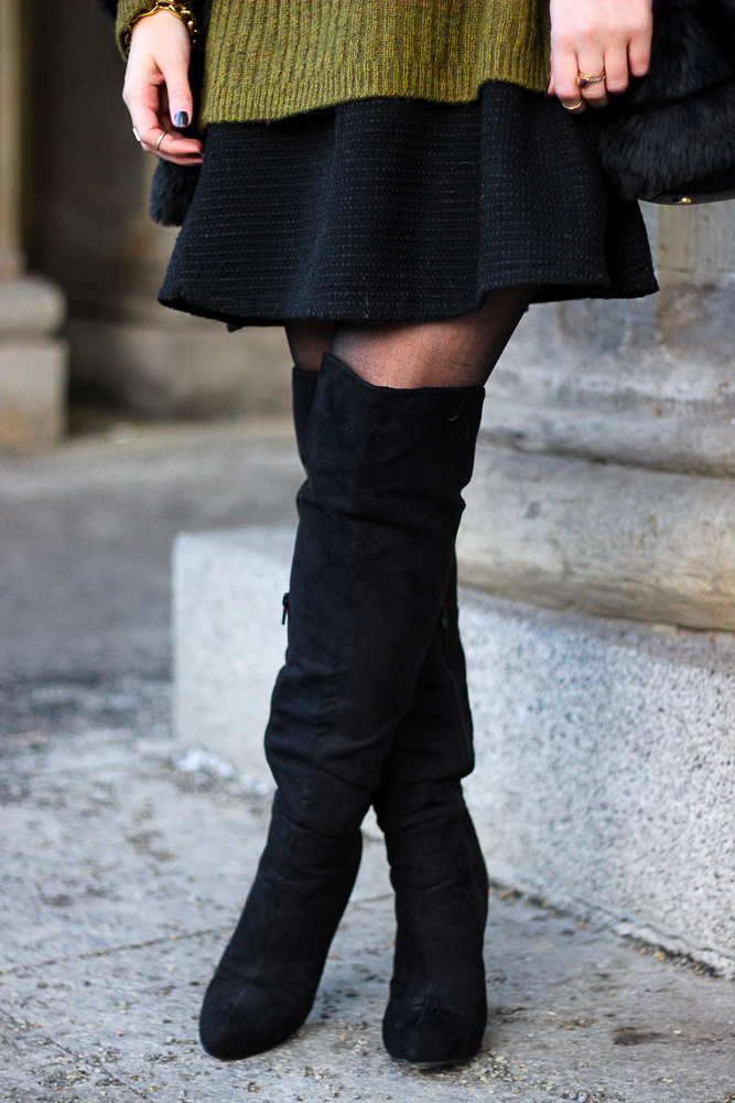 Schwarze Overknees kombinieren Layering Kunstfell Jacke Outfit Modeblog OOTD 6