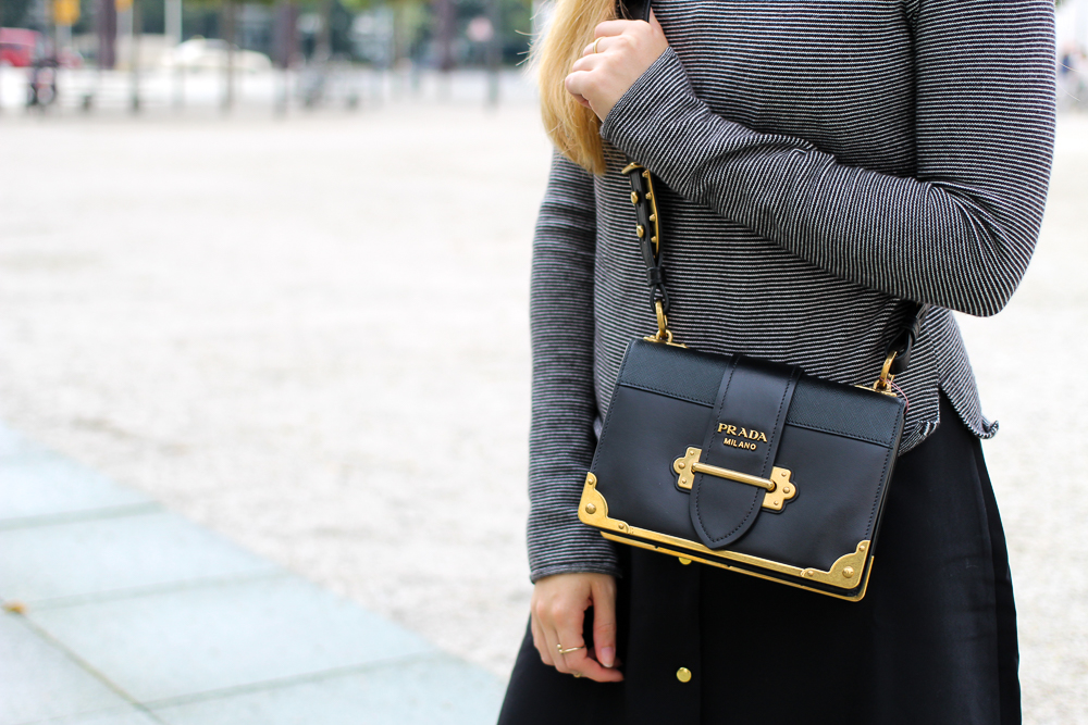 Herbst Trend Tasche Prada Cahier Bag, schwarzes Maxikleid & Zara Pullover