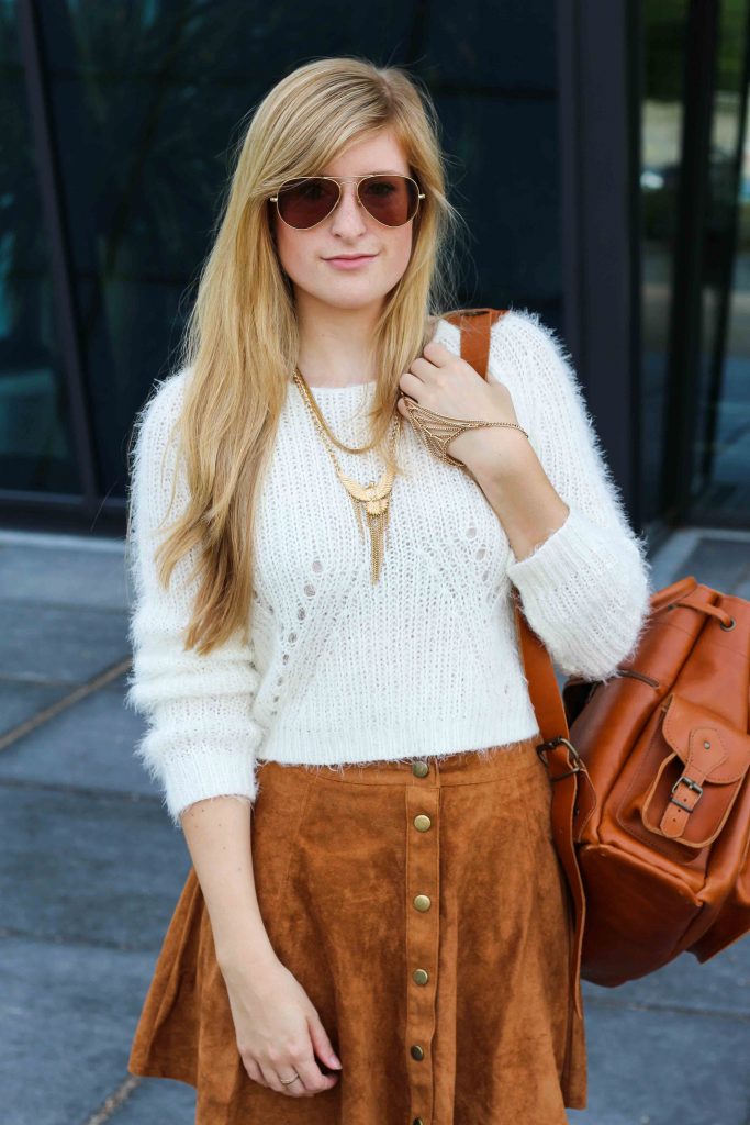 Wildleder A-Linien Rock Knopfleiste Crop Top Lederrucksack Frühling #kölnbloggt Modeblog Köln 2