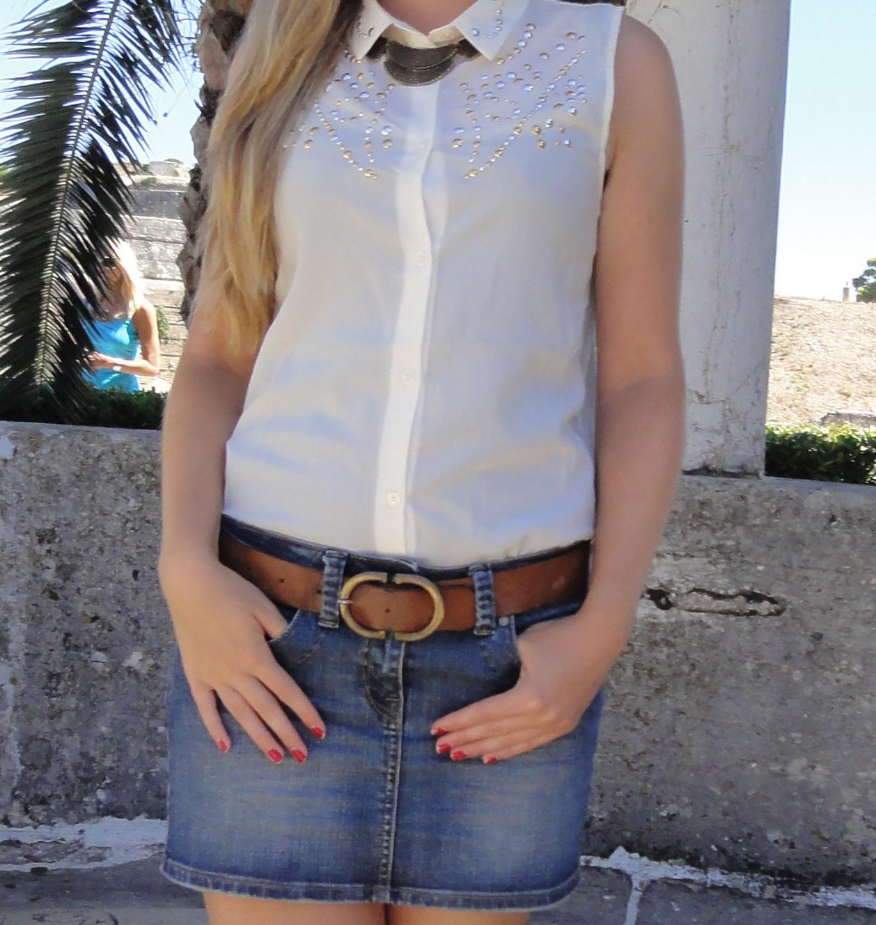 Oldie but Goldie denim skirt Jeansrock kombinieren Bluse Corfu Sommeroutfit Fashionblog Deutschland