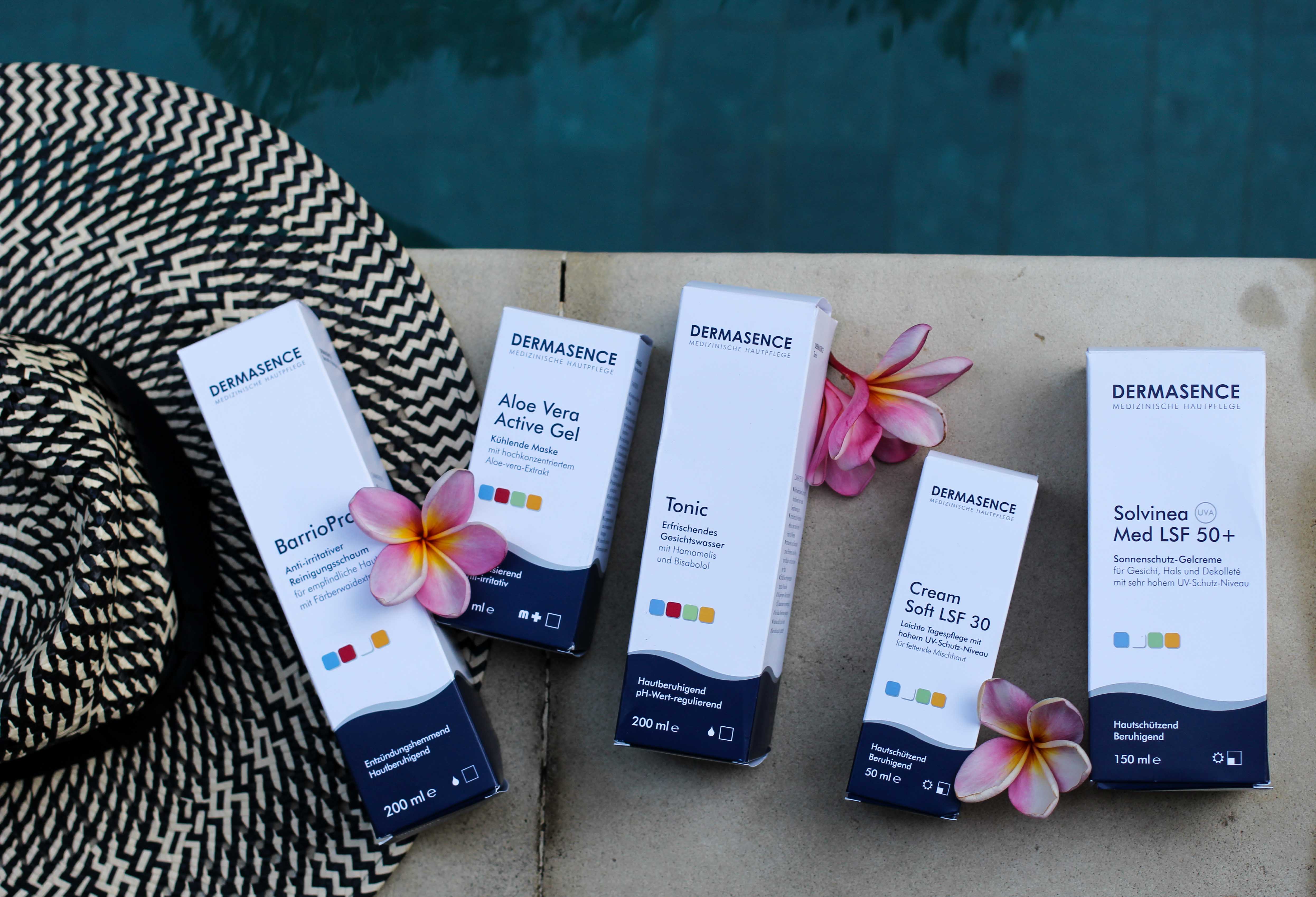 Urlaubs-Hautpflege Sommerurlaub trockene empfindliche Haut Dermasence Haut reinigen Sonnenschutz After Sun Pflege Beauty Blog Bali Verpackung