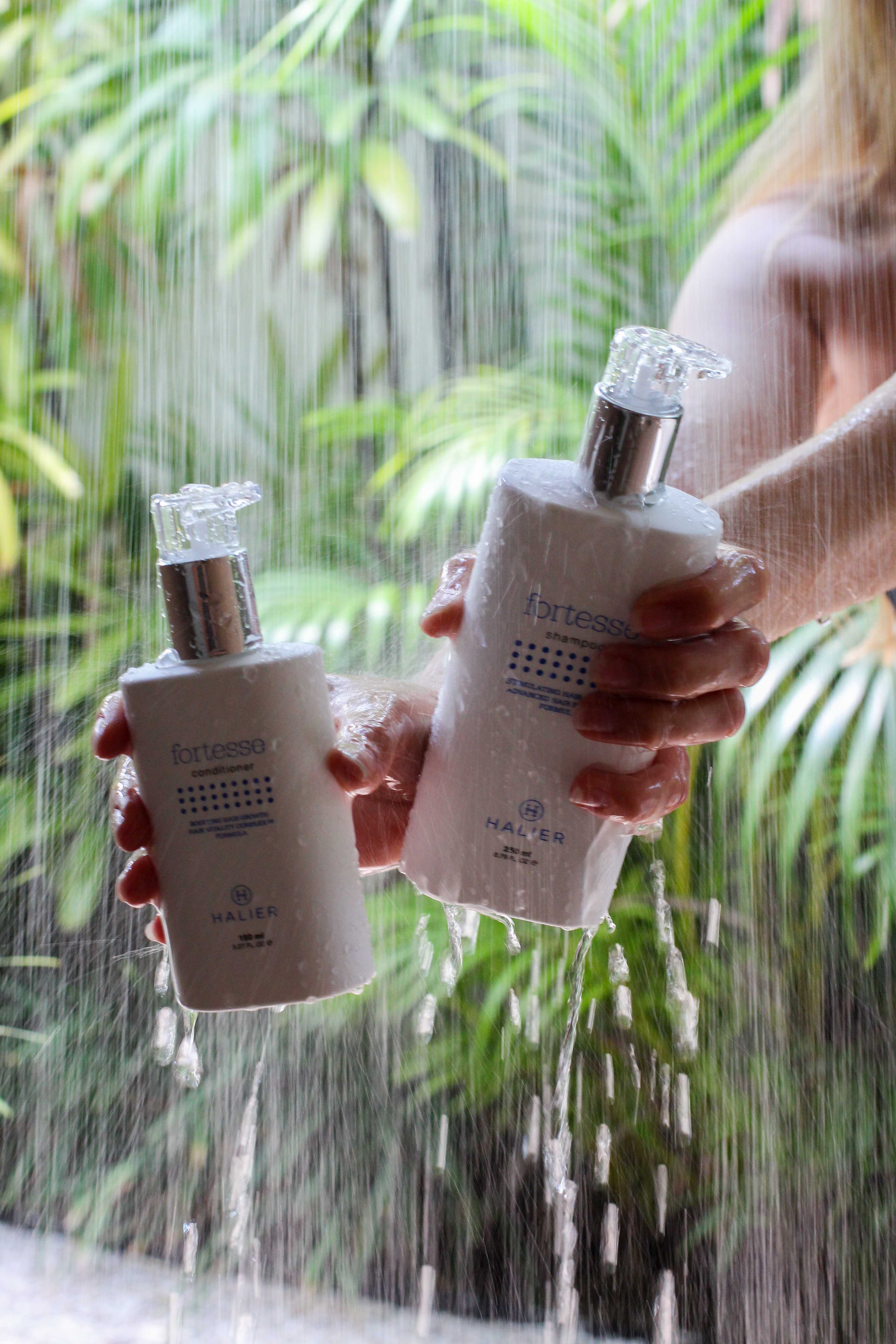 Haarpflege Halier Fortesse Shampoo Conditioner Test gesundes kräftiges Haar Beauty Blog Bali Dusche Palmen