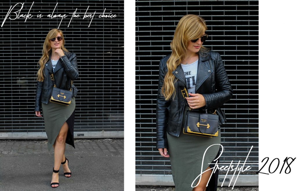 Sommer Streetstyle asymmetrischer Rock Asos kombinieren Bandshirt the beatles Lederjacke Prada Cahier Designertasche Modeblog Köln Blogger DE Outfit Sommer Inspiration