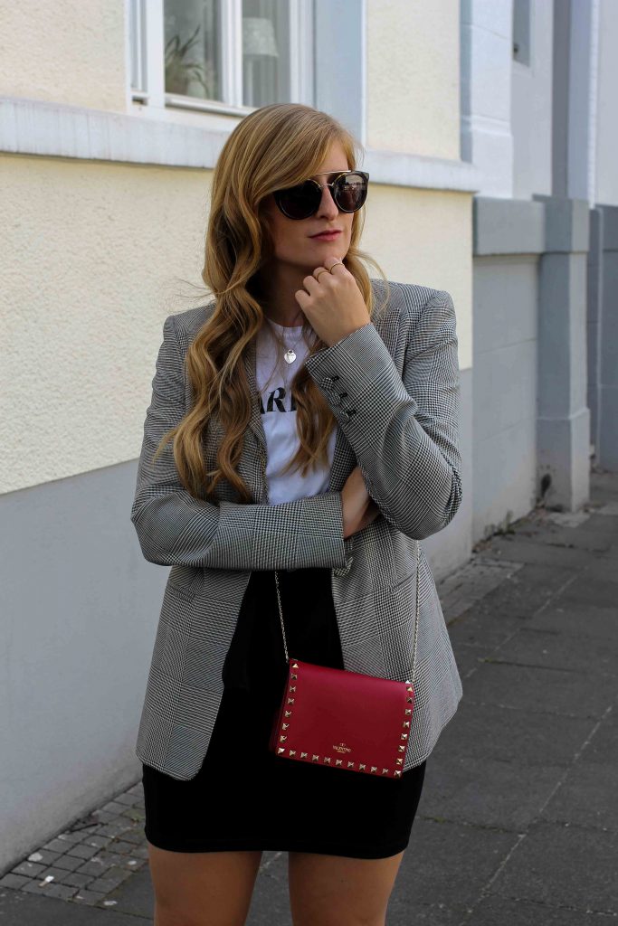 Casual Business Look Karo Blazer Zara Statement Shirt Darlin Nakd Modeblogger Bonn Valentino Tasche Rot 2